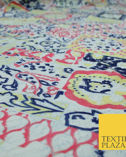 Yellow Patchwork Style Printed 100% PURE Dupion Silk Fabric Slub Handloom 1809