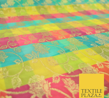 Multicolour Check Floral Banarsi Brocade Dress Indian Faux Raw Silk Fancy Fabric