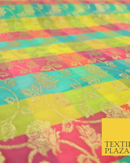 Multicolour Check Floral Banarsi Brocade Dress Indian Faux Raw Silk Fancy Fabric