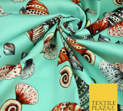 Sea Shells Oyster Clams Beach Printed Premium COTTON Sateen Fabric 58" Wide