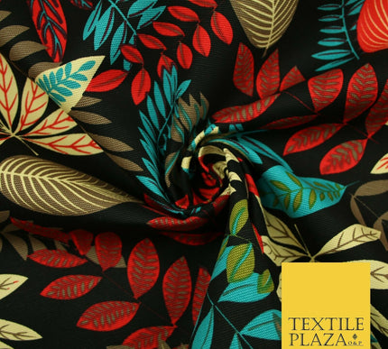 Black Multi Colourful Tropical Leaves 100% COTTON CANVAS Print Fabric Craft 2288