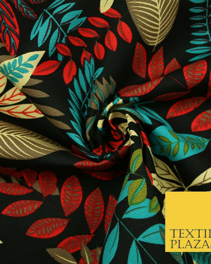 Black Multi Colourful Tropical Leaves 100% COTTON CANVAS Print Fabric Craft 2288