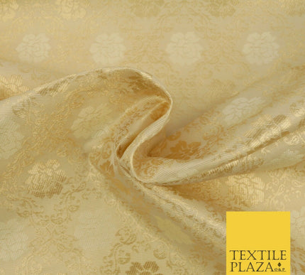 CREAM GOLD Floral Ornate Lattice Banarsi Brocade Fabric Dress Fancy Craft 1570