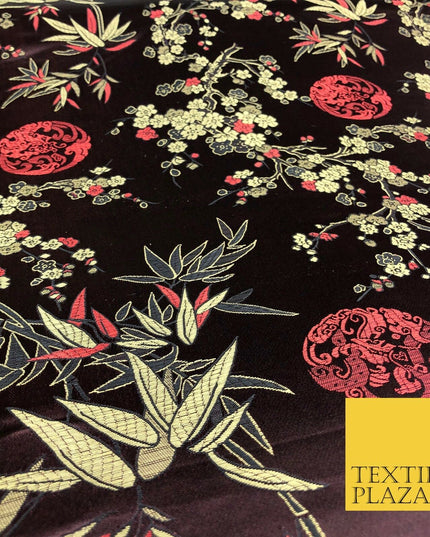 BROWN Floral Blossom Chinese Brocade Satin Embroidered Dress Fabric A1122