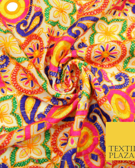 Ivory Phulkari Georgette Colourful Threadwork PAISLEY Pattern Dress Fabric 2306