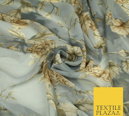 Various Floral Printed Gold Metallic Shimmer Georgette Dress Fabric Shaded Drape