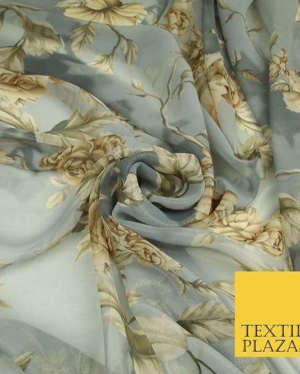 Various Floral Printed Gold Metallic Shimmer Georgette Dress Fabric Shaded Drape
