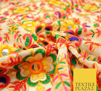 Ivory Phulkari Georgette Colourful Threadwork Ornate Pattern Dress Fabric 2305