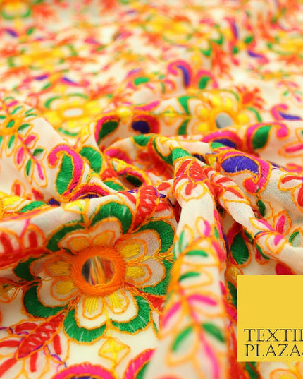 Ivory Phulkari Georgette Colourful Threadwork Ornate Pattern Dress Fabric 2305