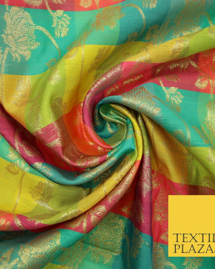 Multicolour Check Floral Banarsi Brocade Dress Indian Faux Raw Silk Fancy Fabric