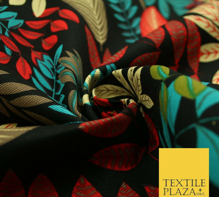 Black Multi Colourful Tropical Leaves 100% COTTON CANVAS Print Fabric Craft 2288