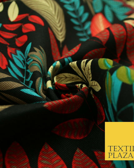 Black Multi Colourful Tropical Leaves 100% COTTON CANVAS Print Fabric Craft 2288