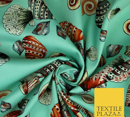 Sea Shells Oyster Clams Beach Printed Premium COTTON Sateen Fabric 58" Wide