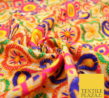 Ivory Phulkari Georgette Colourful Threadwork PAISLEY Pattern Dress Fabric 2306
