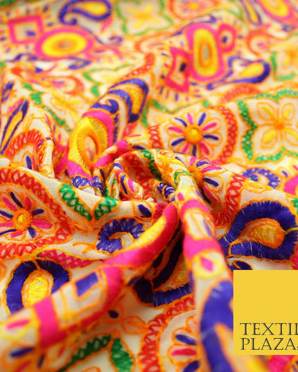 Ivory Phulkari Georgette Colourful Threadwork PAISLEY Pattern Dress Fabric 2306