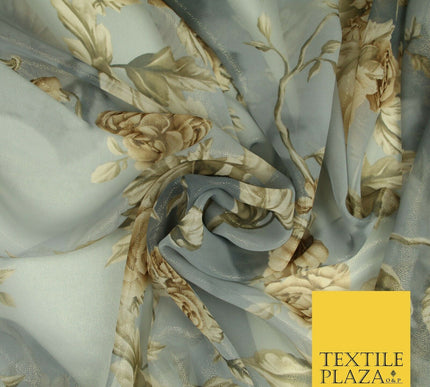 Various Floral Printed Gold Metallic Shimmer Georgette Dress Fabric Shaded Drape