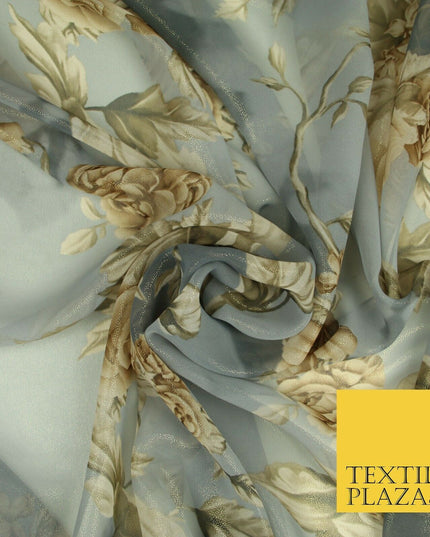 Various Floral Printed Gold Metallic Shimmer Georgette Dress Fabric Shaded Drape