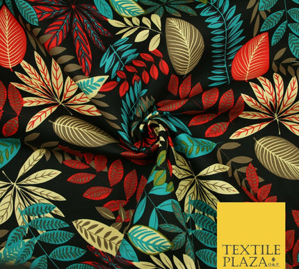 Black Multi Colourful Tropical Leaves 100% COTTON CANVAS Print Fabric Craft 2288