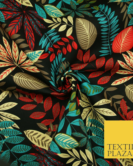 Black Multi Colourful Tropical Leaves 100% COTTON CANVAS Print Fabric Craft 2288