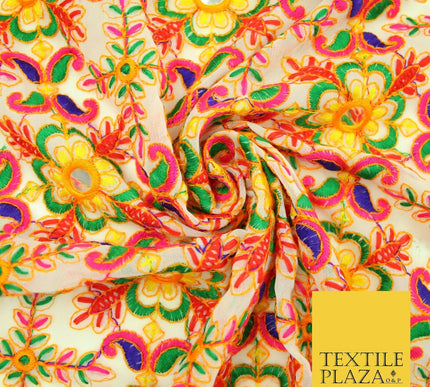 Ivory Phulkari Georgette Colourful Threadwork Ornate Pattern Dress Fabric 2305