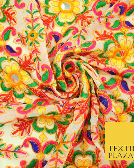 Ivory Phulkari Georgette Colourful Threadwork Ornate Pattern Dress Fabric 2305