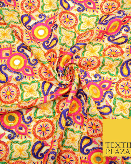 Ivory Phulkari Georgette Colourful Threadwork PAISLEY Pattern Dress Fabric 2306