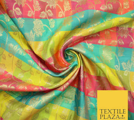 Multicolour Check Floral Banarsi Brocade Dress Indian Faux Raw Silk Fancy Fabric