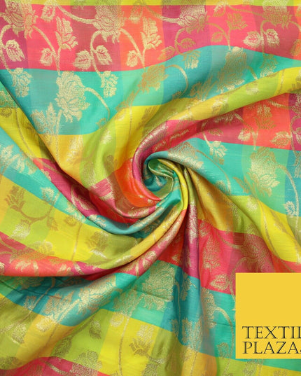 Multicolour Check Floral Banarsi Brocade Dress Indian Faux Raw Silk Fancy Fabric