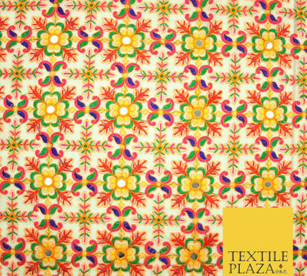 Ivory Phulkari Georgette Colourful Threadwork Ornate Pattern Dress Fabric 2305