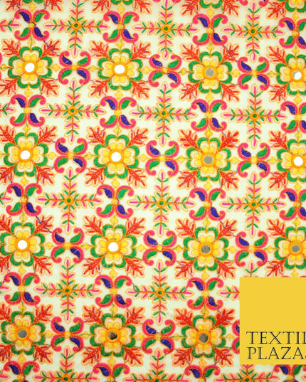 Ivory Phulkari Georgette Colourful Threadwork Ornate Pattern Dress Fabric 2305