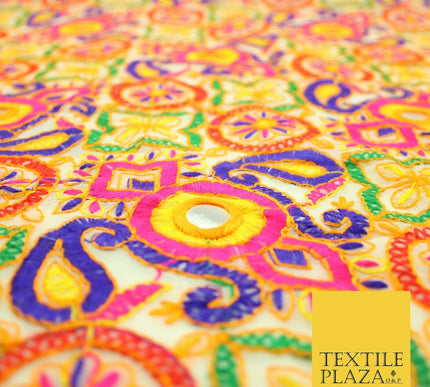 Ivory Phulkari Georgette Colourful Threadwork PAISLEY Pattern Dress Fabric 2306
