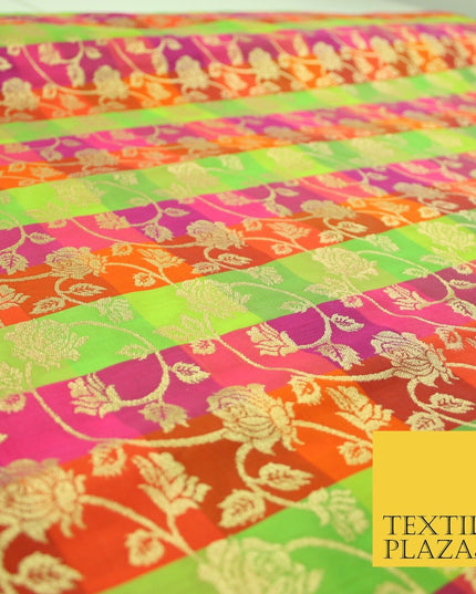 Multicolour Check Floral Banarsi Brocade Dress Indian Faux Raw Silk Fancy Fabric