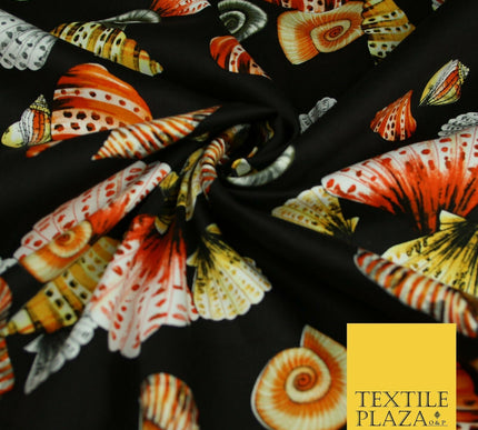 Sea Shells Oyster Clams Beach Printed Premium COTTON Sateen Fabric 58" Wide
