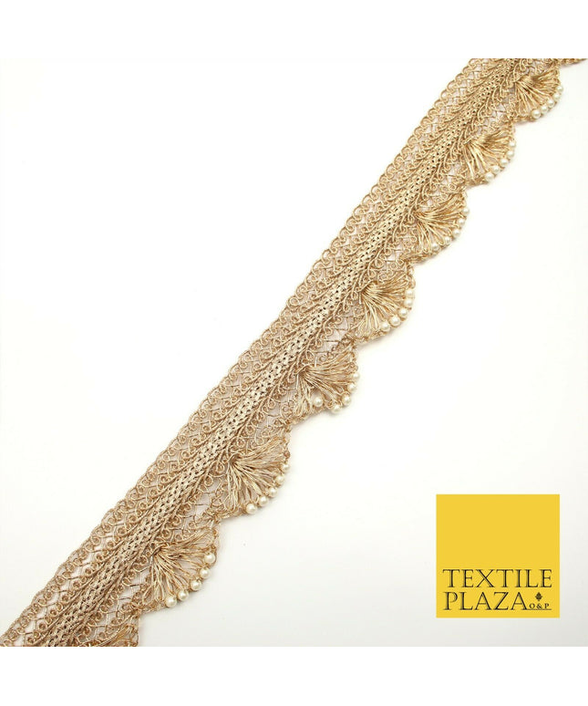 Light Gold Intricate Pearl Swag Trimming Border Ethnic Pankhi Scallop X309