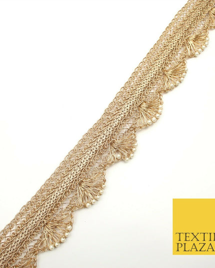 Light Gold Intricate Pearl Swag Trimming Border Ethnic Pankhi Scallop X309