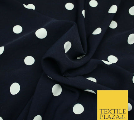 Navy Blue Ivory Spot Polka Dot Printed 100% Polyester Peachskin Dress Fabric1953