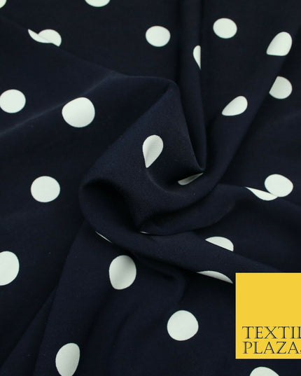 Navy Blue Ivory Spot Polka Dot Printed 100% Polyester Peachskin Dress Fabric1953