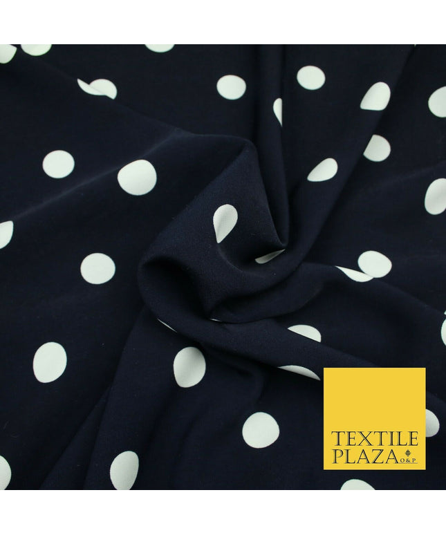 Navy Blue Ivory Spot Polka Dot Printed 100% Polyester Peachskin Dress Fabric1953