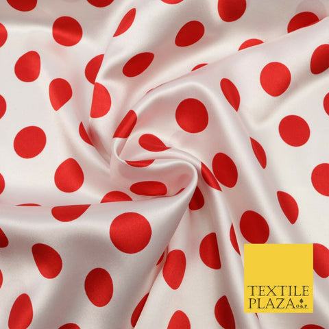 White with Large Red Polka Dot Spotted Spot Satin Dress Fabric 58" Minnie 1545