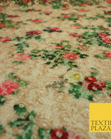 Peach Floral Digital Printed Embroidered Net Lace Dress Fabric Fashion 1763