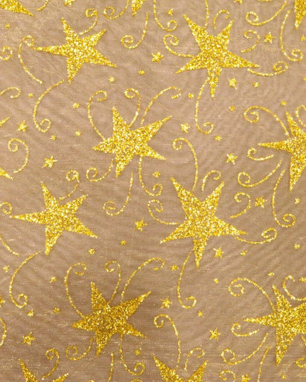 Glitter Star Organdi (Organza) Christmas Fabric 100% Nylon - GOLD RE49