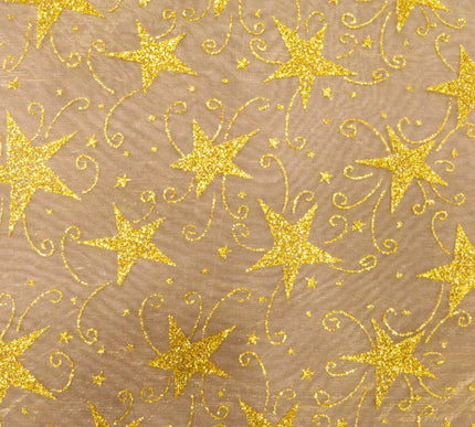 Glitter Star Organdi (Organza) Christmas Fabric 100% Nylon - GOLD RE49