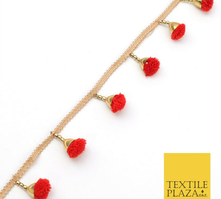 RED Pom Pom Tassels Indian Woven Gold Trim Ribbon Border Lace Ethnic X259