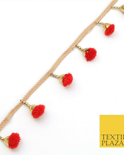 RED Pom Pom Tassels Indian Woven Gold Trim Ribbon Border Lace Ethnic X259