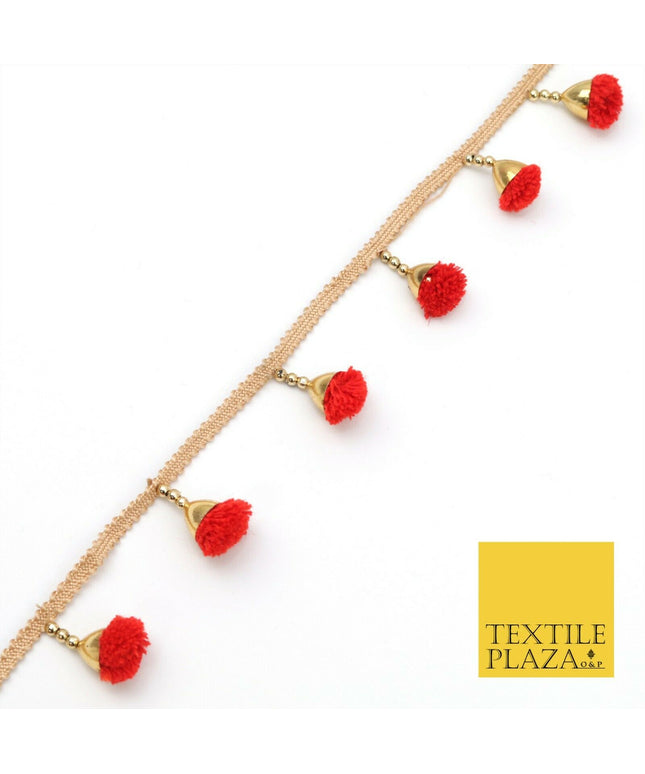 RED Pom Pom Tassels Indian Woven Gold Trim Ribbon Border Lace Ethnic X259