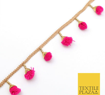 HOT PINK Pom Pom Tassels Indian Woven Gold Trim Ribbon Border Lace Ethnic X261