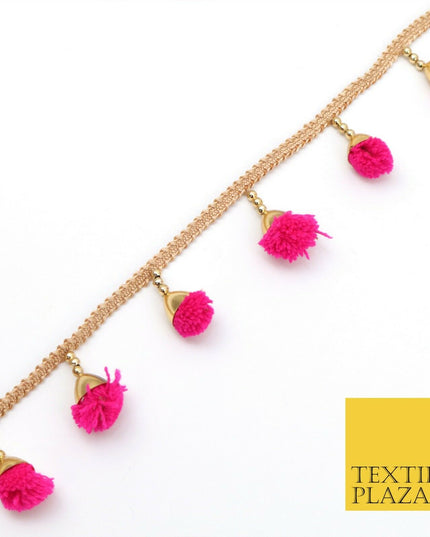 HOT PINK Pom Pom Tassels Indian Woven Gold Trim Ribbon Border Lace Ethnic X261