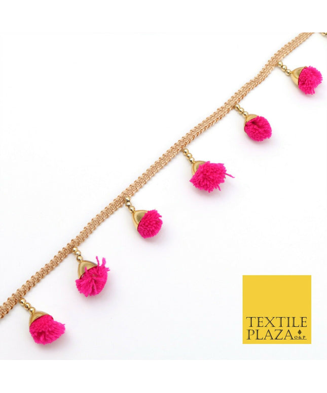 HOT PINK Pom Pom Tassels Indian Woven Gold Trim Ribbon Border Lace Ethnic X261