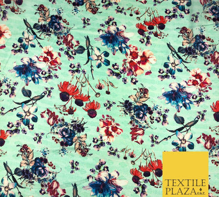 Mint Floral Watercolour Silky DigitalPrint Satin Crepe Dress Fabric Trendy I1080