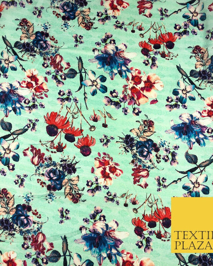 Mint Floral Watercolour Silky DigitalPrint Satin Crepe Dress Fabric Trendy I1080
